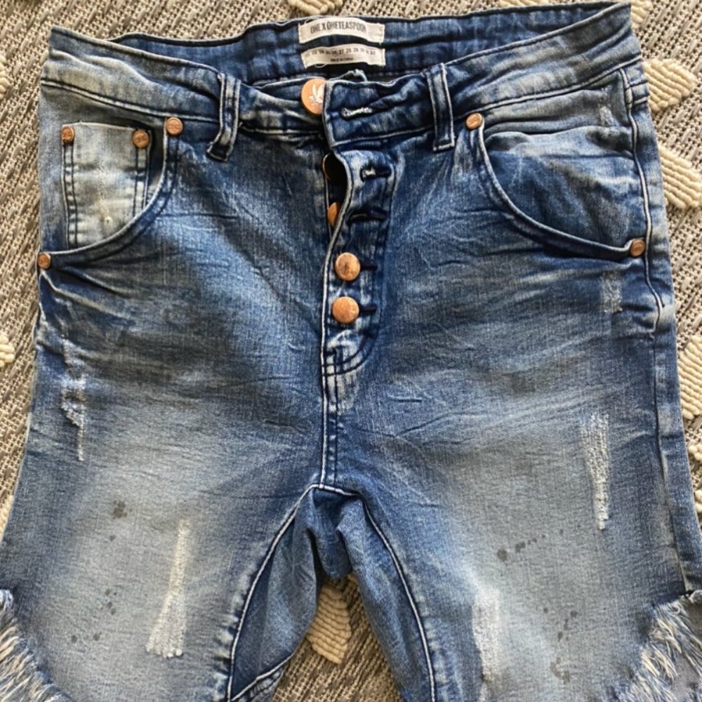 Denim Jean Shorts Blue Button Fly Distressed by One x One Teaspoon Bandit  26